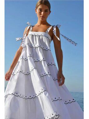 Paper London Emily Tiered Ruffle Midi Dress White Embroidered Scalloped Womens 4